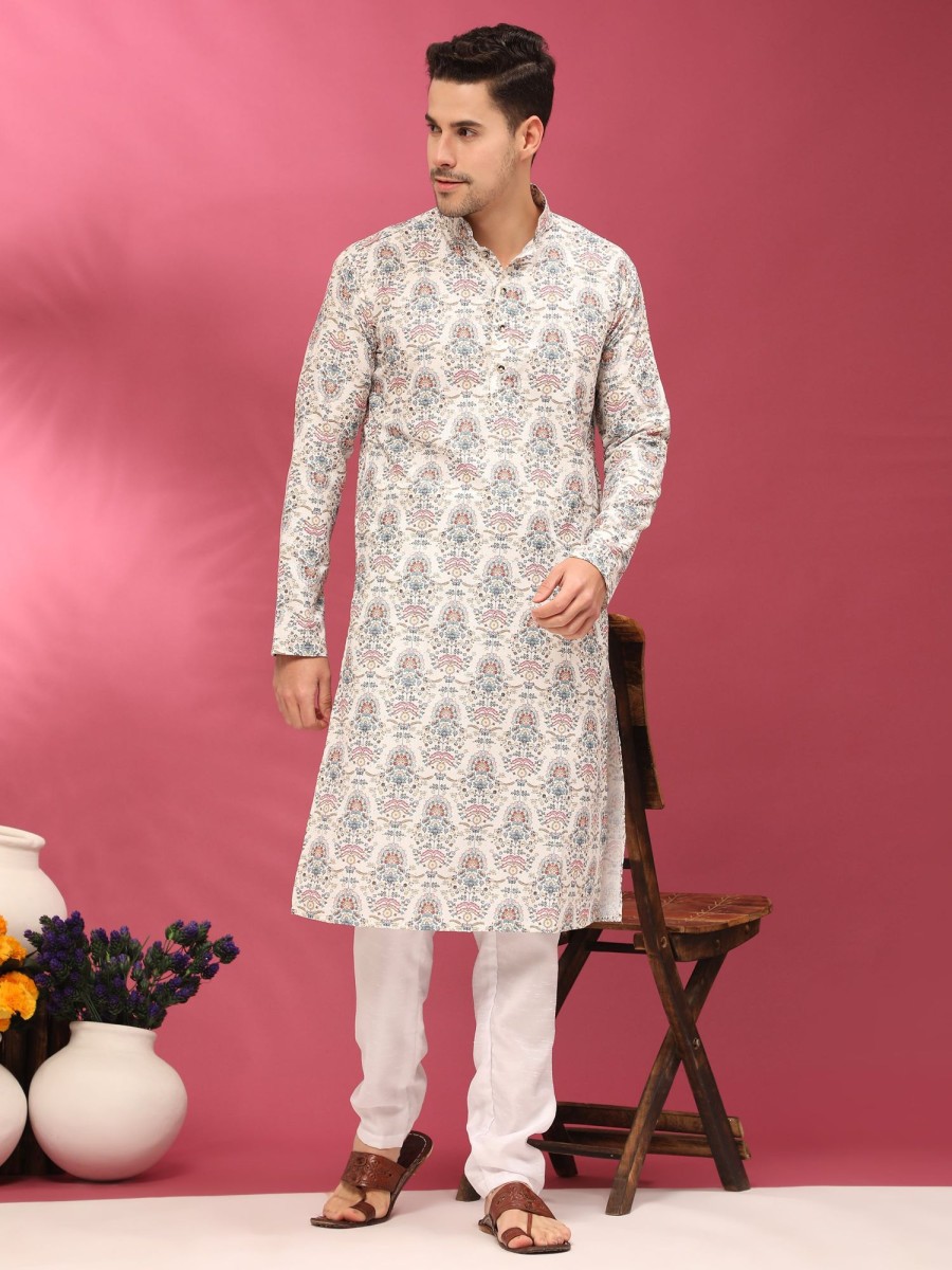 Men Aastha Fashion Men | Men'S Daisy Sequins Cotton Silk Stitched Kurta - Aastha Fashion White