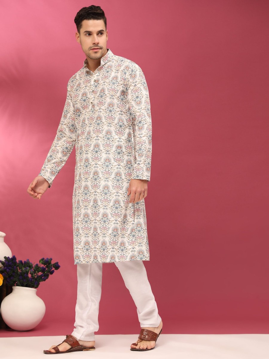 Men Aastha Fashion Men | Men'S Daisy Sequins Cotton Silk Stitched Kurta - Aastha Fashion White