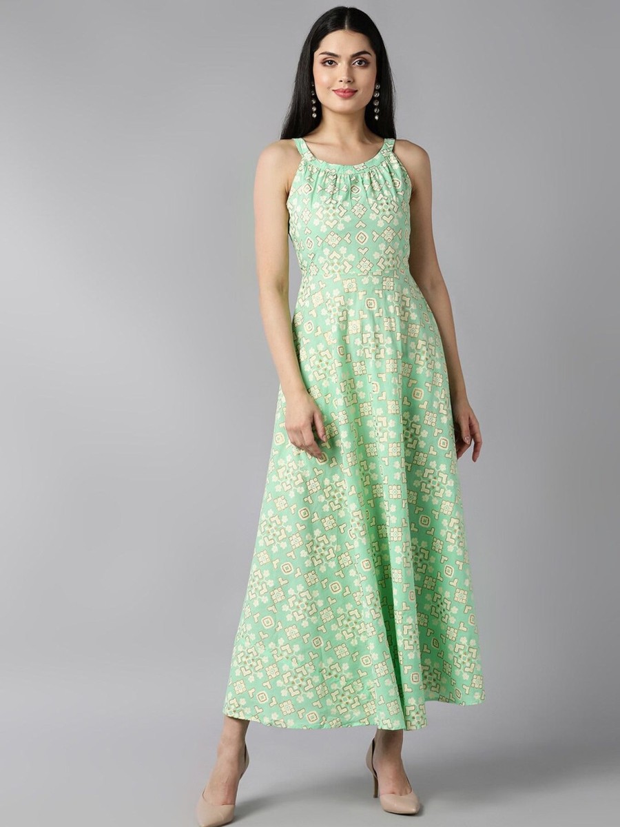 Women Ahika | Women'S Cotton Floral Printed Dress - Ahika Green