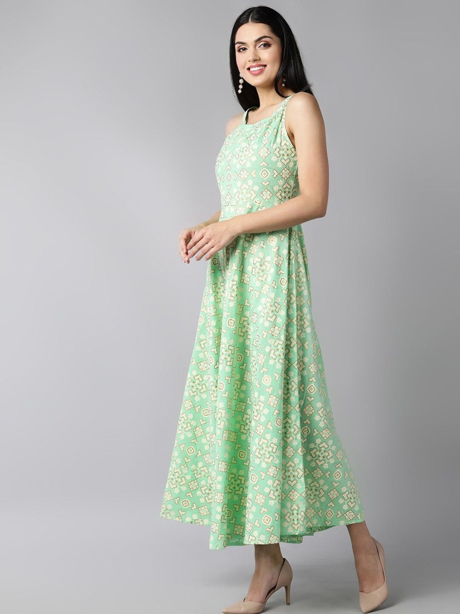 Women Ahika | Women'S Cotton Floral Printed Dress - Ahika Green