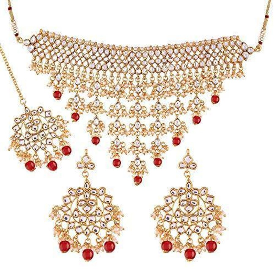 Jewellery I Jewels | Women'S Gold Plated Kundan U0026 Pearl Studded Choker Necklace Set With Earrings U0026 Maang Tikka - I Jewels Red