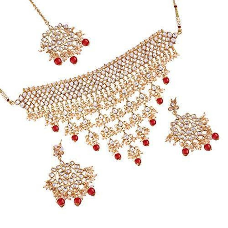 Jewellery I Jewels | Women'S Gold Plated Kundan U0026 Pearl Studded Choker Necklace Set With Earrings U0026 Maang Tikka - I Jewels Red