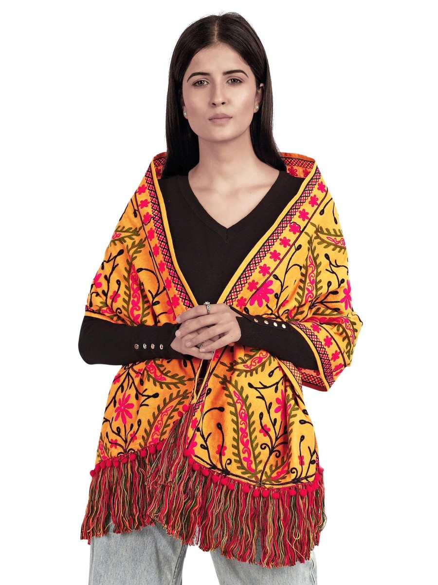 Women MESMORA FASHION | Women'S Turmeric Woollen Embroidered Muffler - Mesmora Fashion