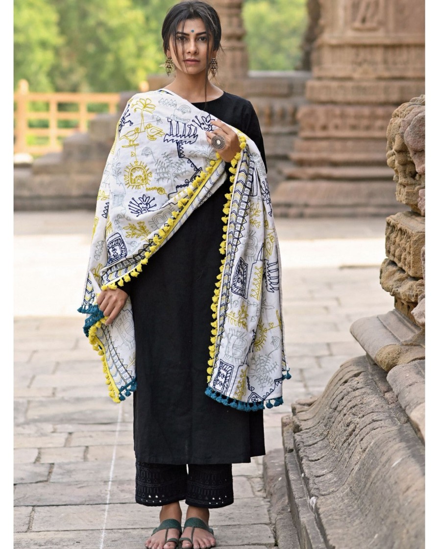 Women MESMORA FASHION | Women'S White Tribal Motif Aari Embroidered Khadi Shawl/Dupatta With Lemon Tassel Lace - Mesmora Fashion