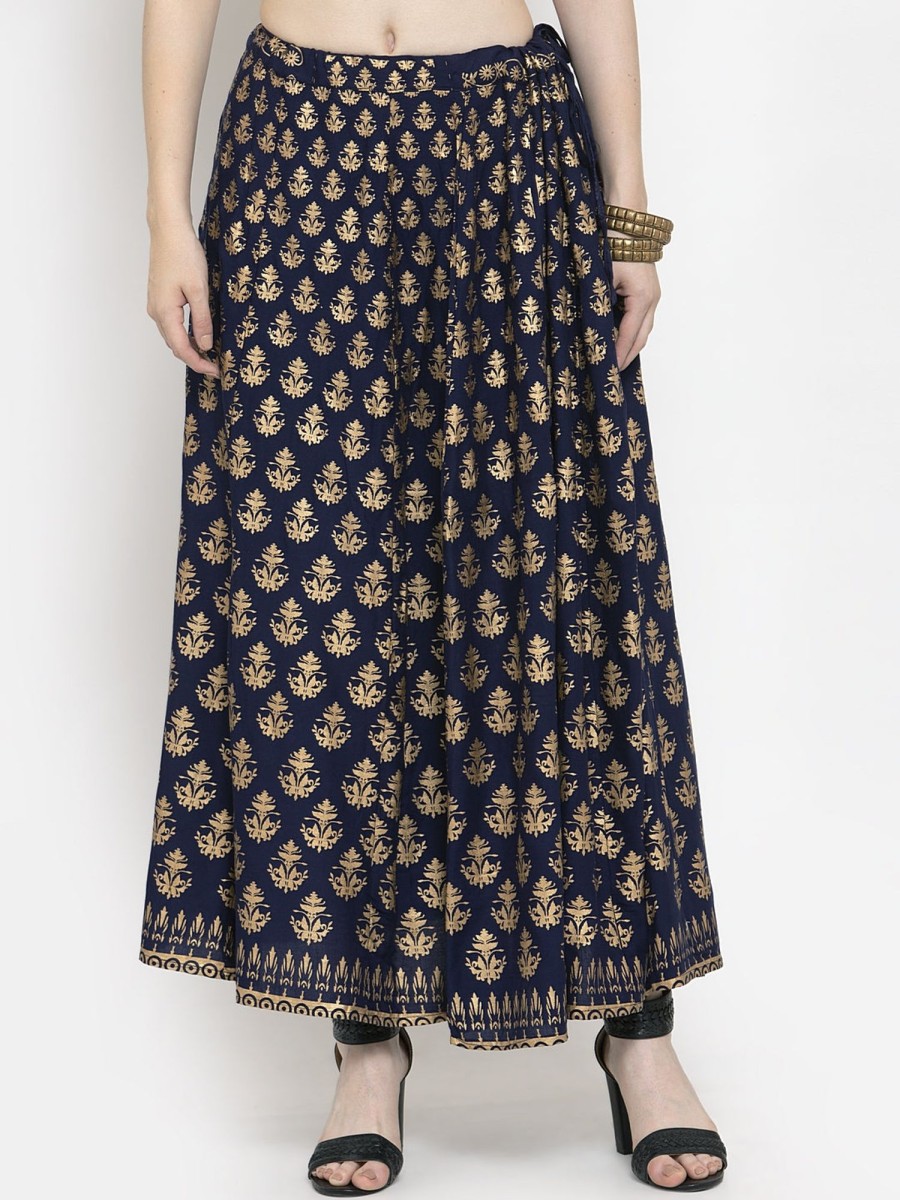 Women Wahe-NOOR | Women'S Navy Blue Floral Printed Rayon Skirt - Wahe-Noor