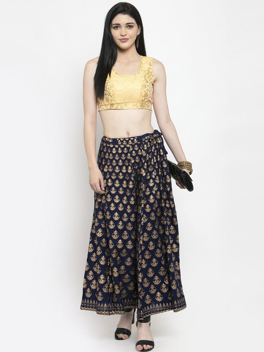 Women Wahe-NOOR | Women'S Navy Blue Floral Printed Rayon Skirt - Wahe-Noor