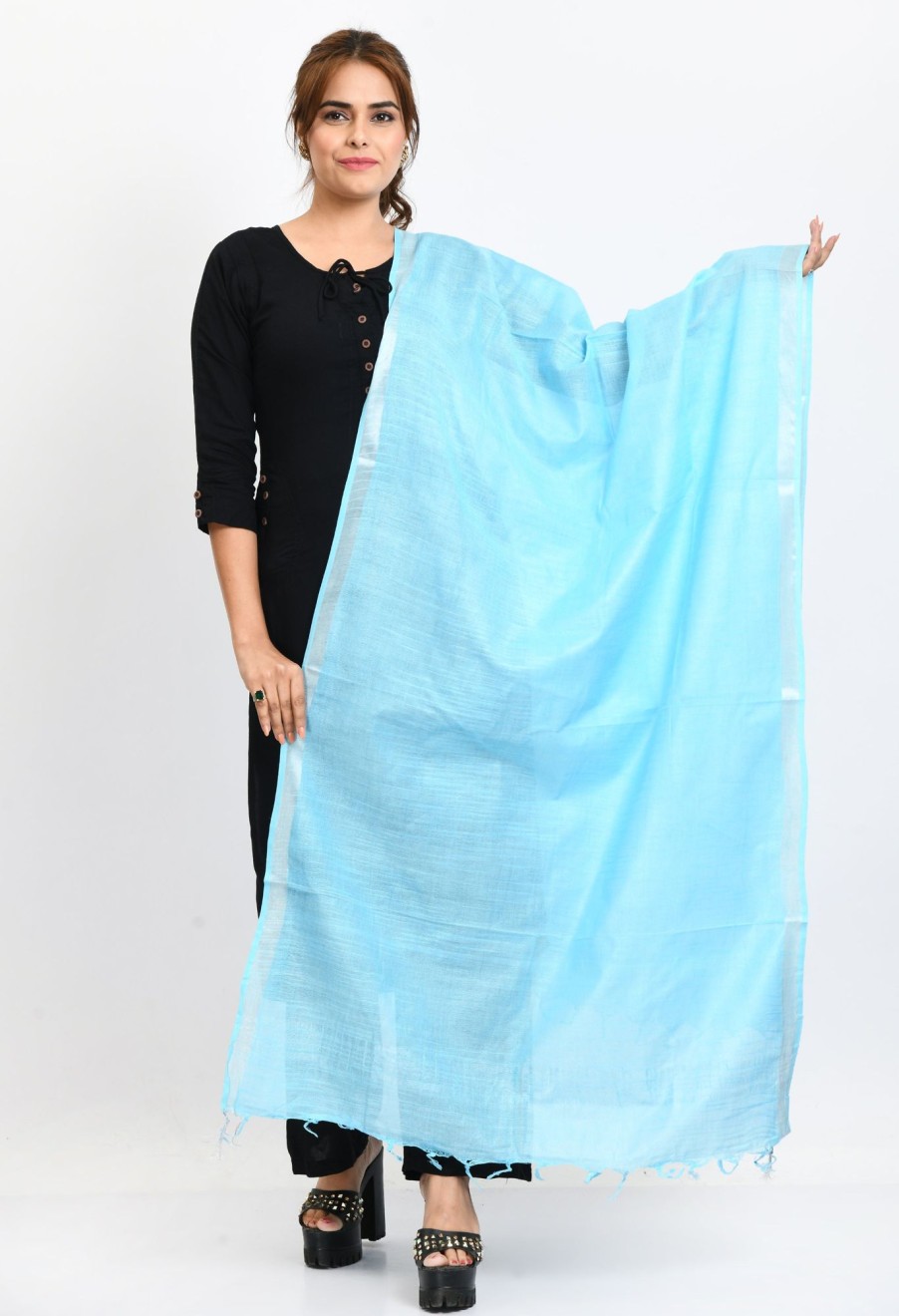 Women Moeza | Women'S Linen Cotton Silver Border Sky Dupatta - Moeza Blue