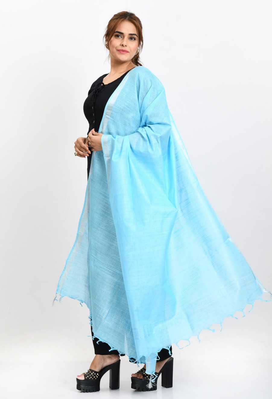 Women Moeza | Women'S Linen Cotton Silver Border Sky Dupatta - Moeza Blue