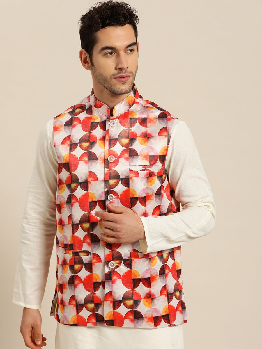 Men Sojanya | Men'S Silk Blend Printed Only Nehru Jacket - Sojanya Off White