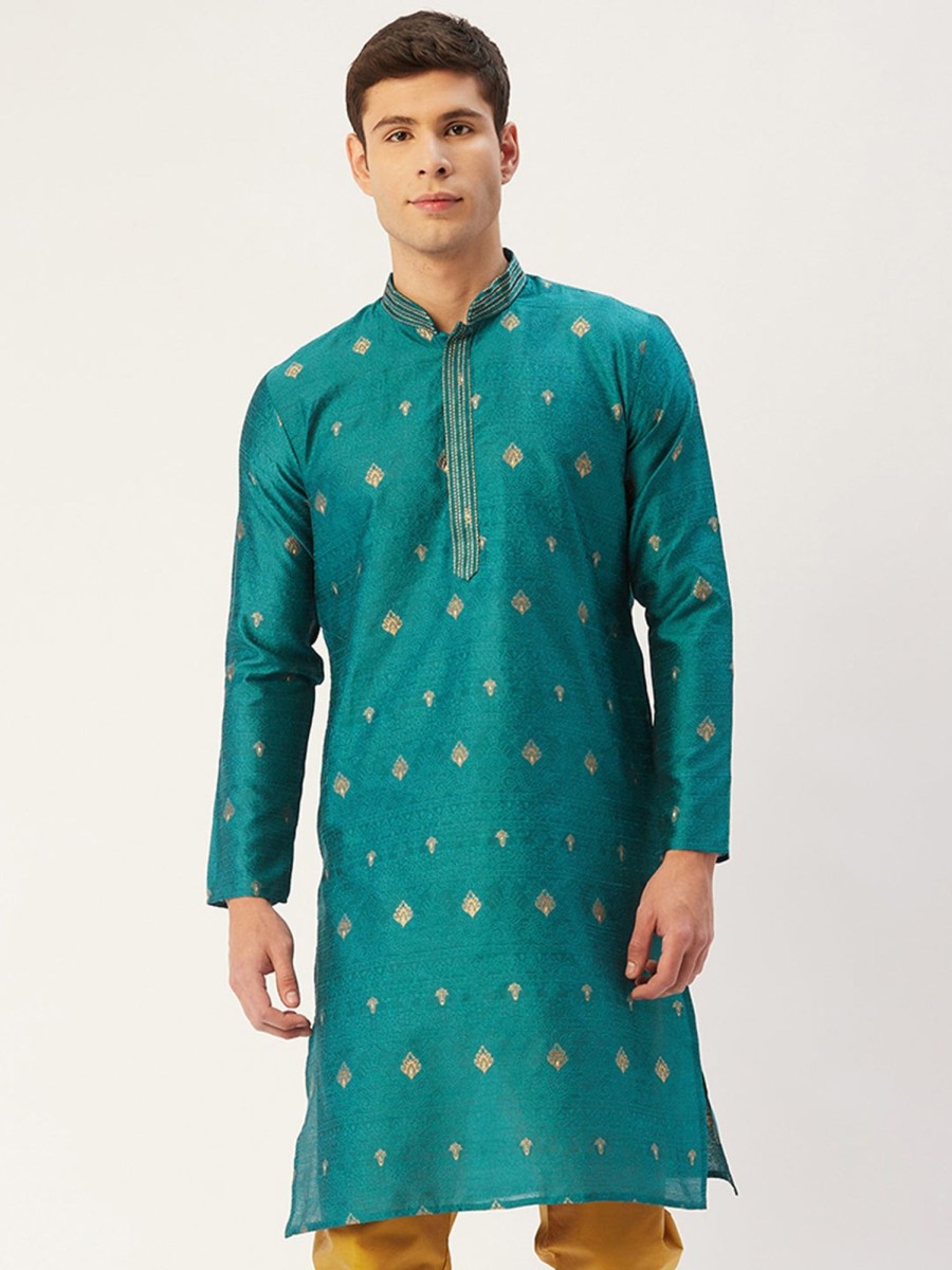 Men Virat Fashions | Men'S Teal Coller Embroidered Woven Design Kurta Only ( Ko 649 Teal ) - Virat Fashions