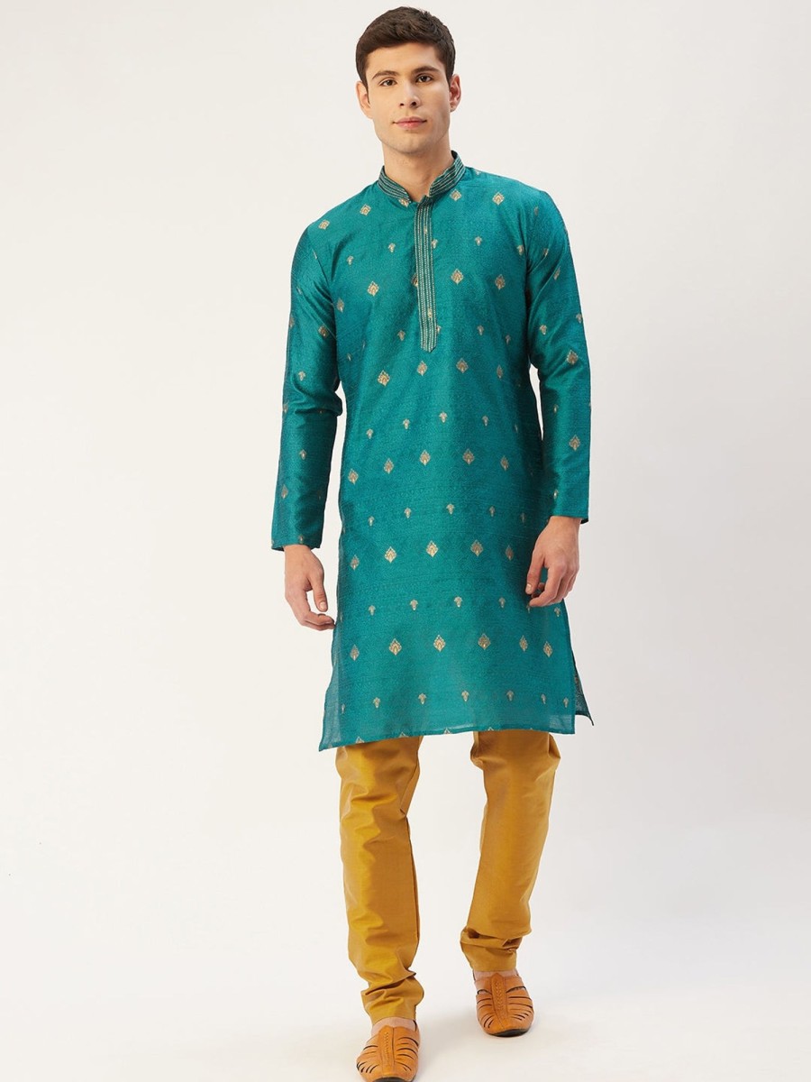 Men Virat Fashions | Men'S Teal Coller Embroidered Woven Design Kurta Only ( Ko 649 Teal ) - Virat Fashions