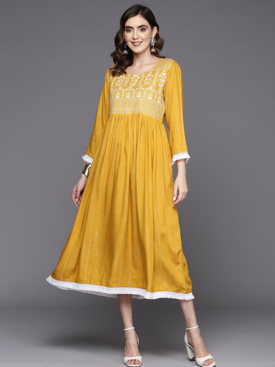 Women Indo Era | Women'S Embroidered A-Line Ethnic Dress - Indo Era Mustard