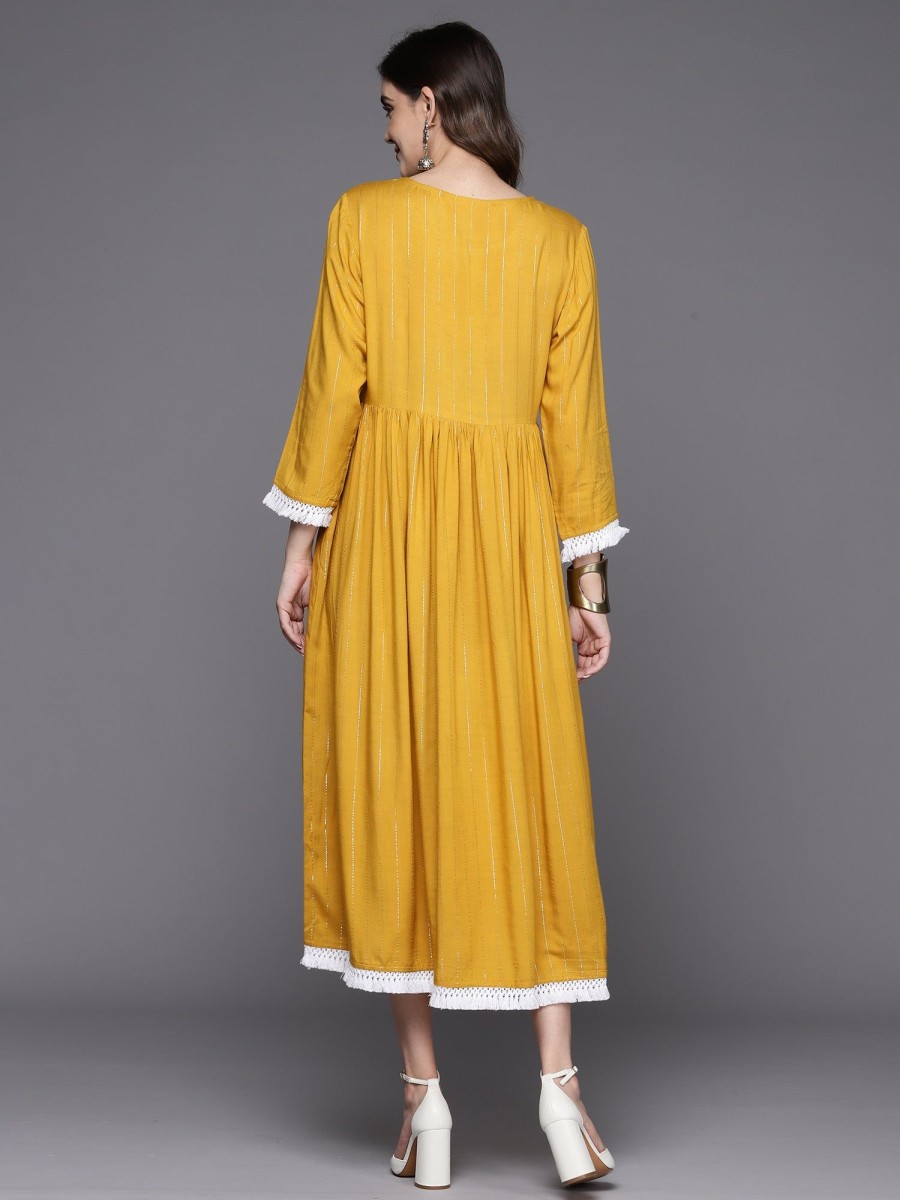 Women Indo Era | Women'S Embroidered A-Line Ethnic Dress - Indo Era Mustard