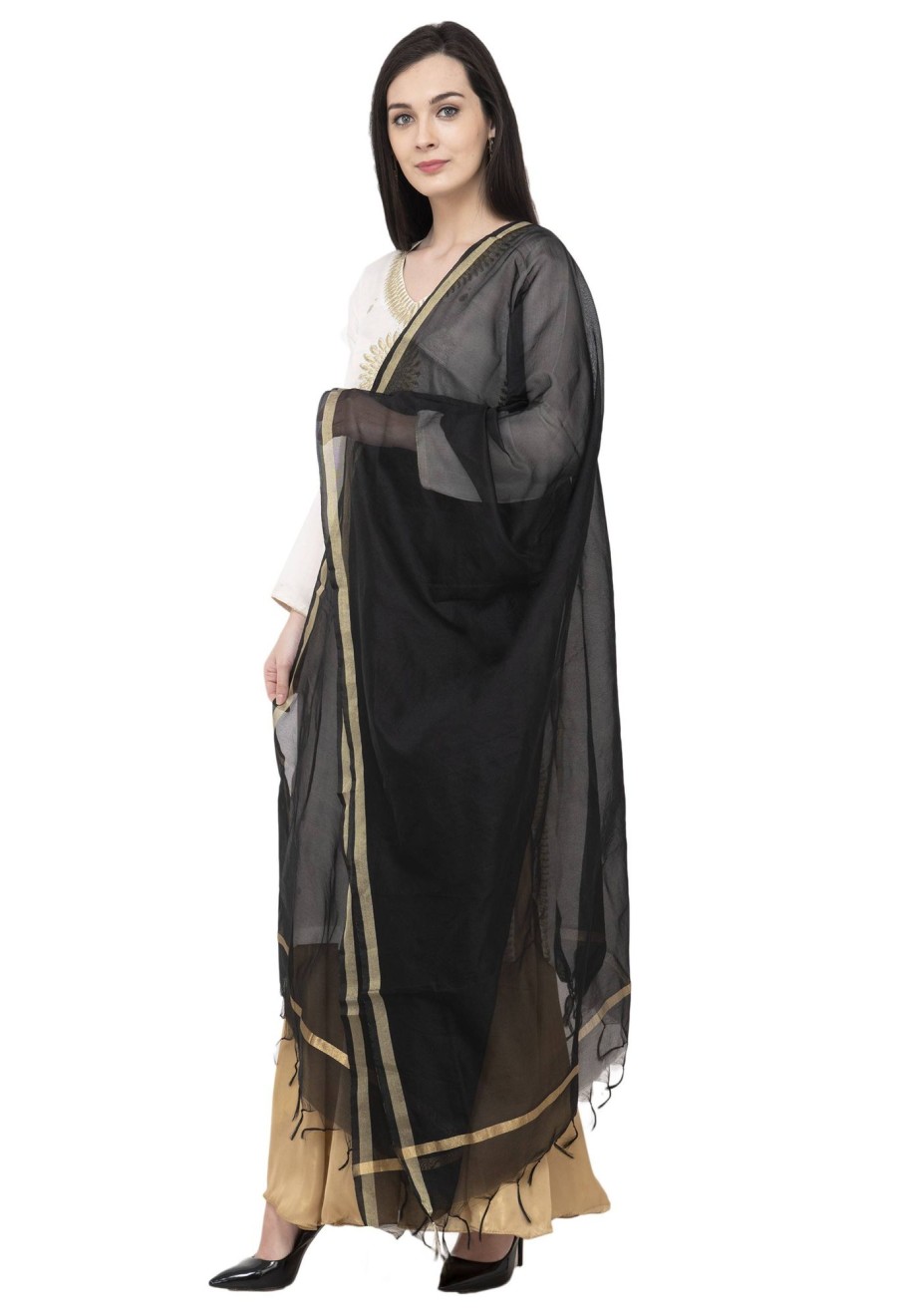 Women AR Silks | A R Silk Golden Color Fancy Silk Dupattas And Chunnis Black