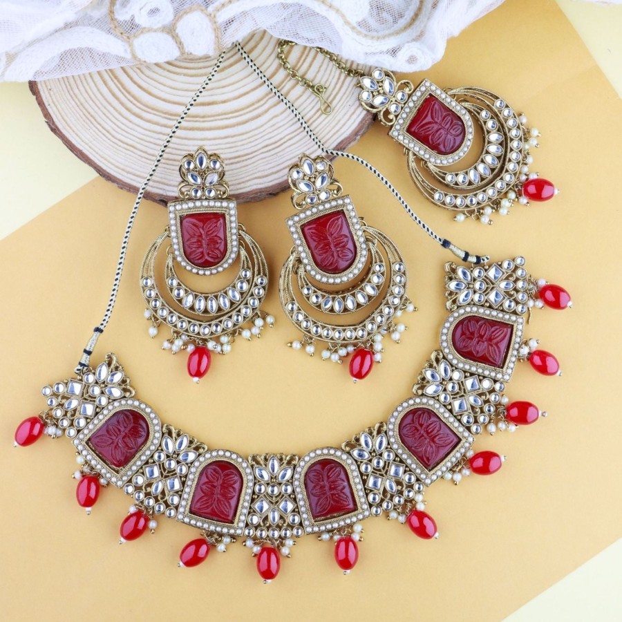 Jewellery I Jewels | Women'S 18K Gold Plated Traditional Pearl Kundan U0026 Stone Studded Jewellery Necklace Set With Maang Tikka - I Jewels Red