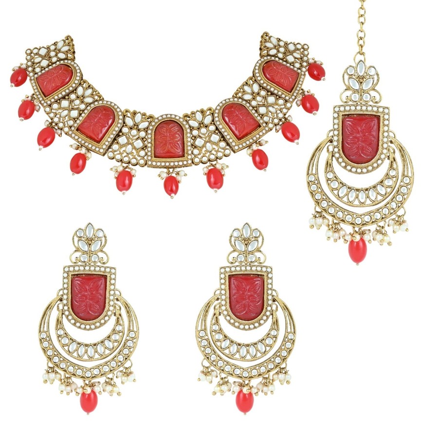 Jewellery I Jewels | Women'S 18K Gold Plated Traditional Pearl Kundan U0026 Stone Studded Jewellery Necklace Set With Maang Tikka - I Jewels Red