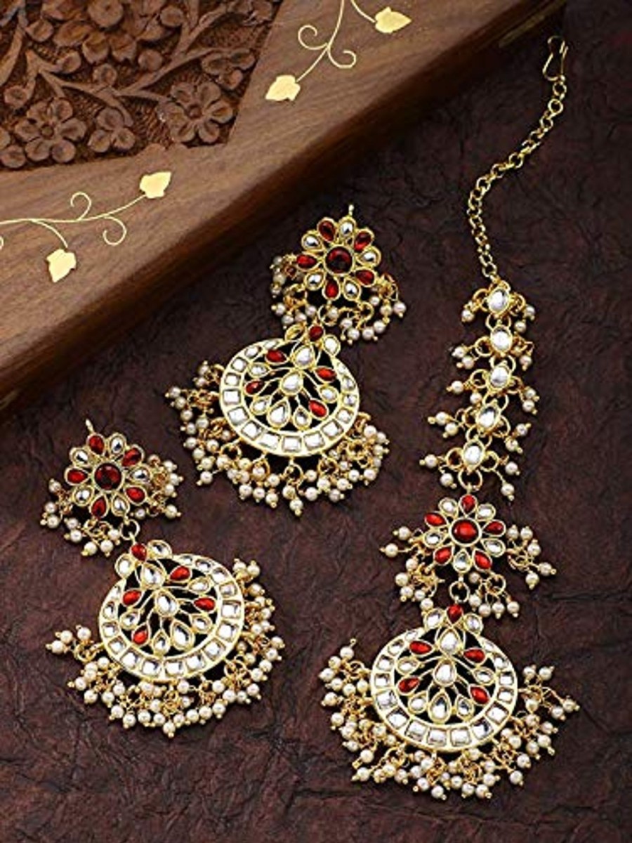 Jewellery I Jewels | Women'S Traditional Gold Plated Chandbali Kundan U0026 Pearl Earring Set With Maang Tikka - I Jewels