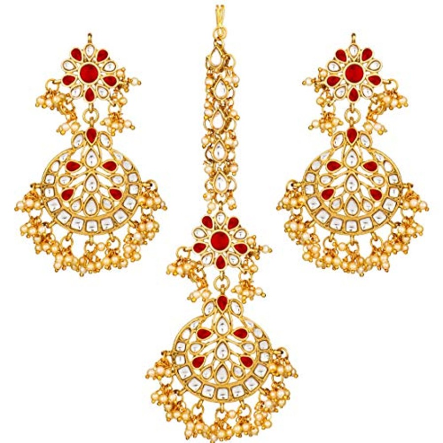 Jewellery I Jewels | Women'S Traditional Gold Plated Chandbali Kundan U0026 Pearl Earring Set With Maang Tikka - I Jewels