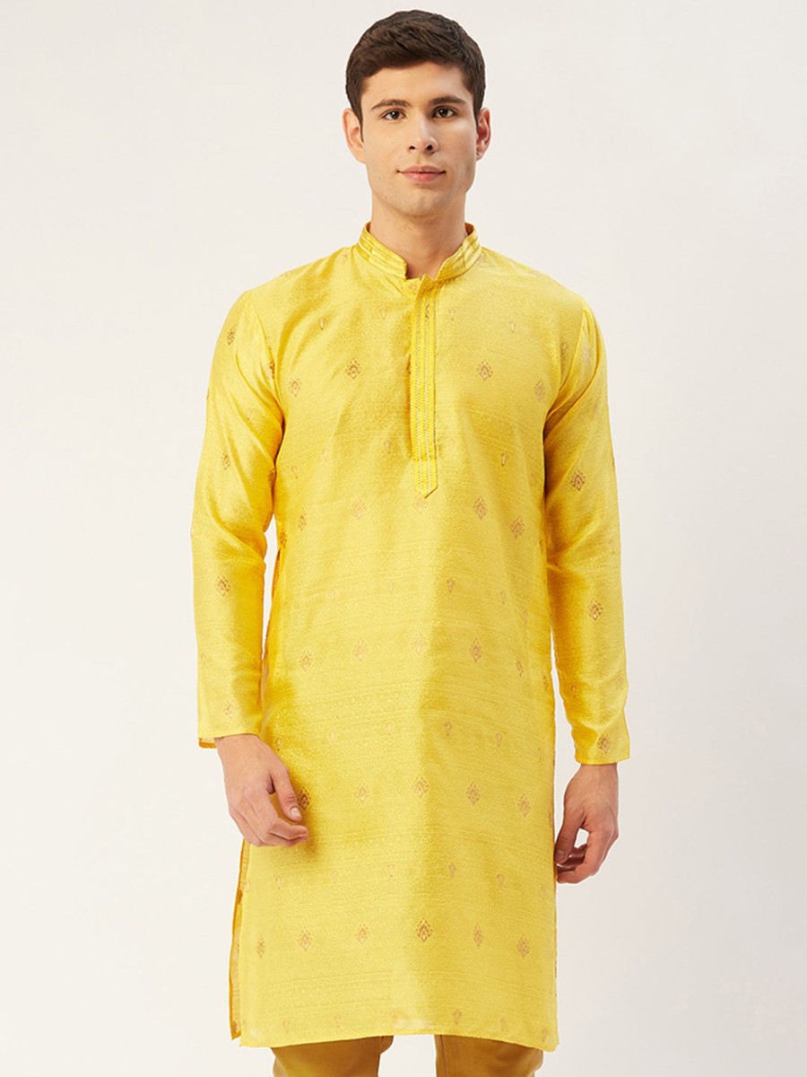 Men Virat Fashions | Men'S Yellow Coller Embroidered Woven Design Kurta Only ( Ko 649 Yellow ) - Virat Fashions