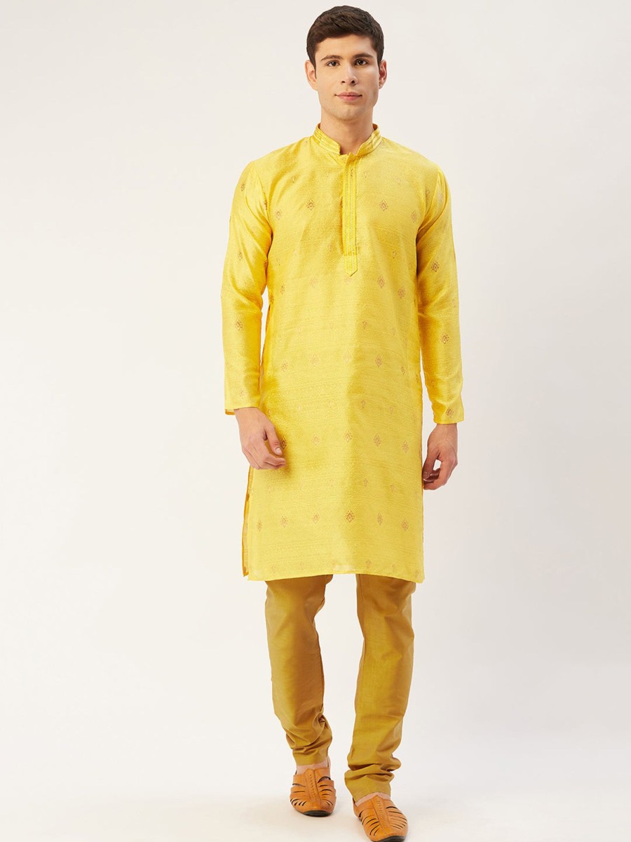 Men Virat Fashions | Men'S Yellow Coller Embroidered Woven Design Kurta Only ( Ko 649 Yellow ) - Virat Fashions