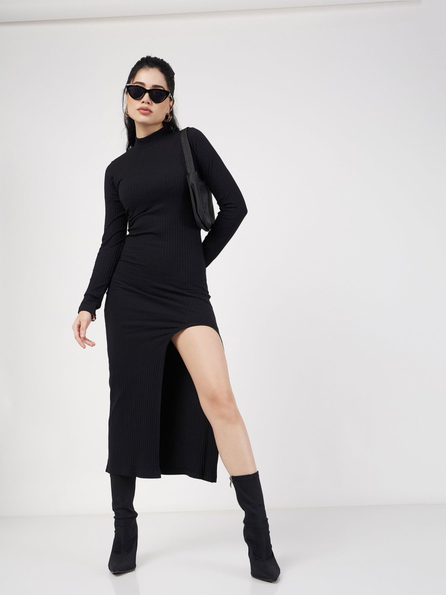 Women Lyush | Women'S Black Rib Turtle Neck Front Slit Dress - Lyush