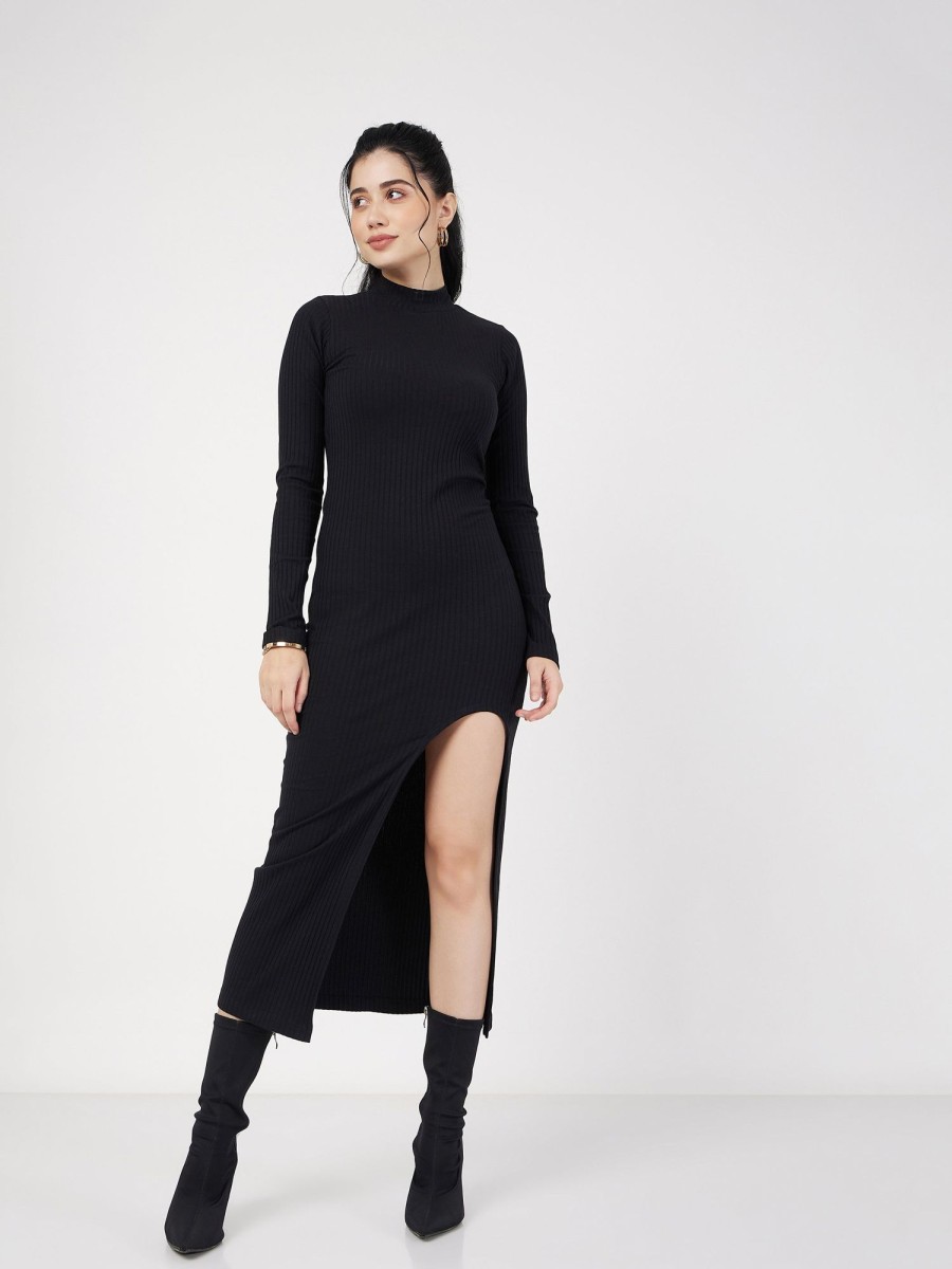 Women Lyush | Women'S Black Rib Turtle Neck Front Slit Dress - Lyush