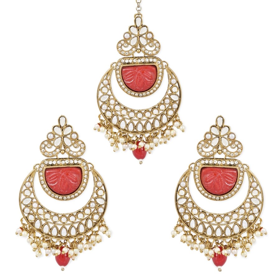 Jewellery I Jewels | Women'S Traditional Pearl Hanging Kundan Stone Studed Chandbali Earring With Maang Tikka - I Jewels Red