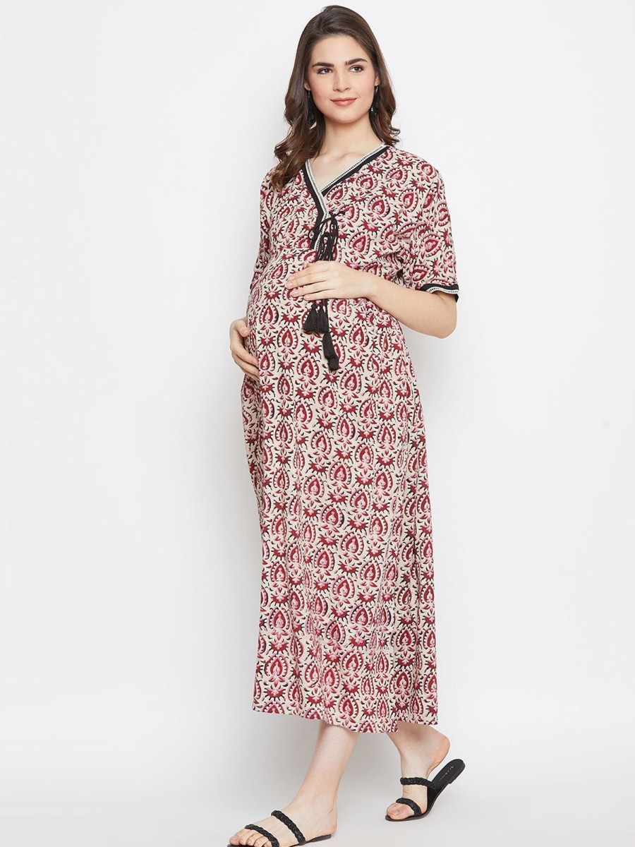 Women The Kaftan Company | Women'S Block Print Cotton Maternity And Nursing Dress - The Kaftan Company Beige