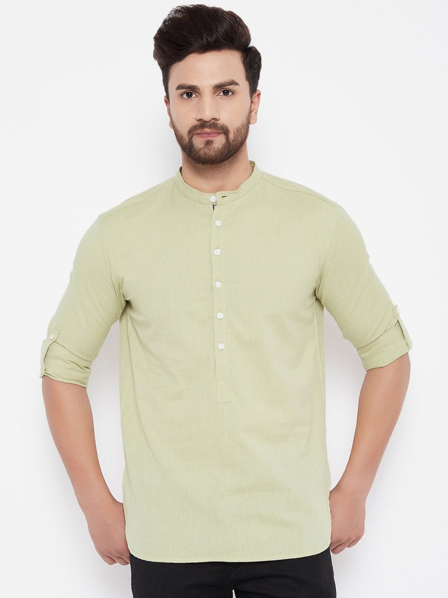 Men Even Apparels | Men'S Solid Linen Short Kurta - Even Apparels Green