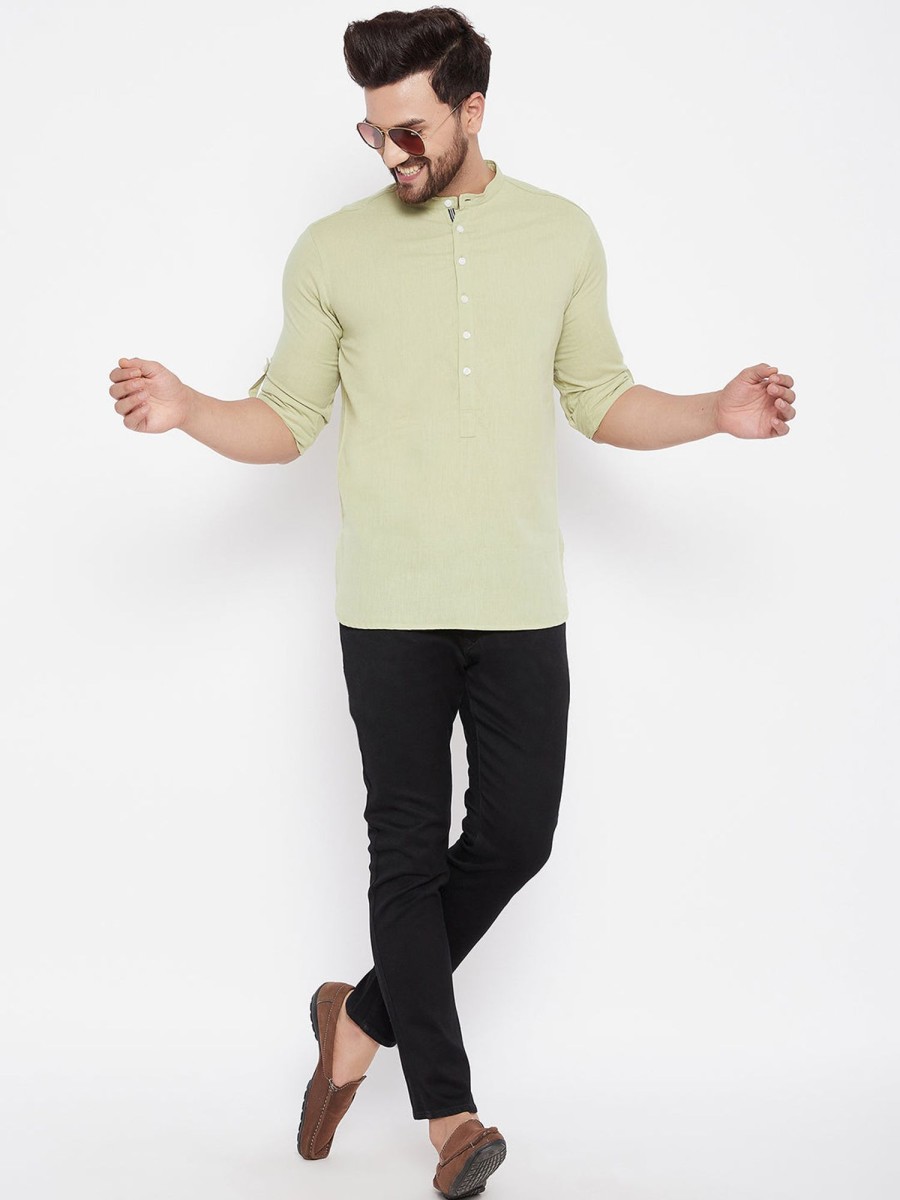 Men Even Apparels | Men'S Solid Linen Short Kurta - Even Apparels Green