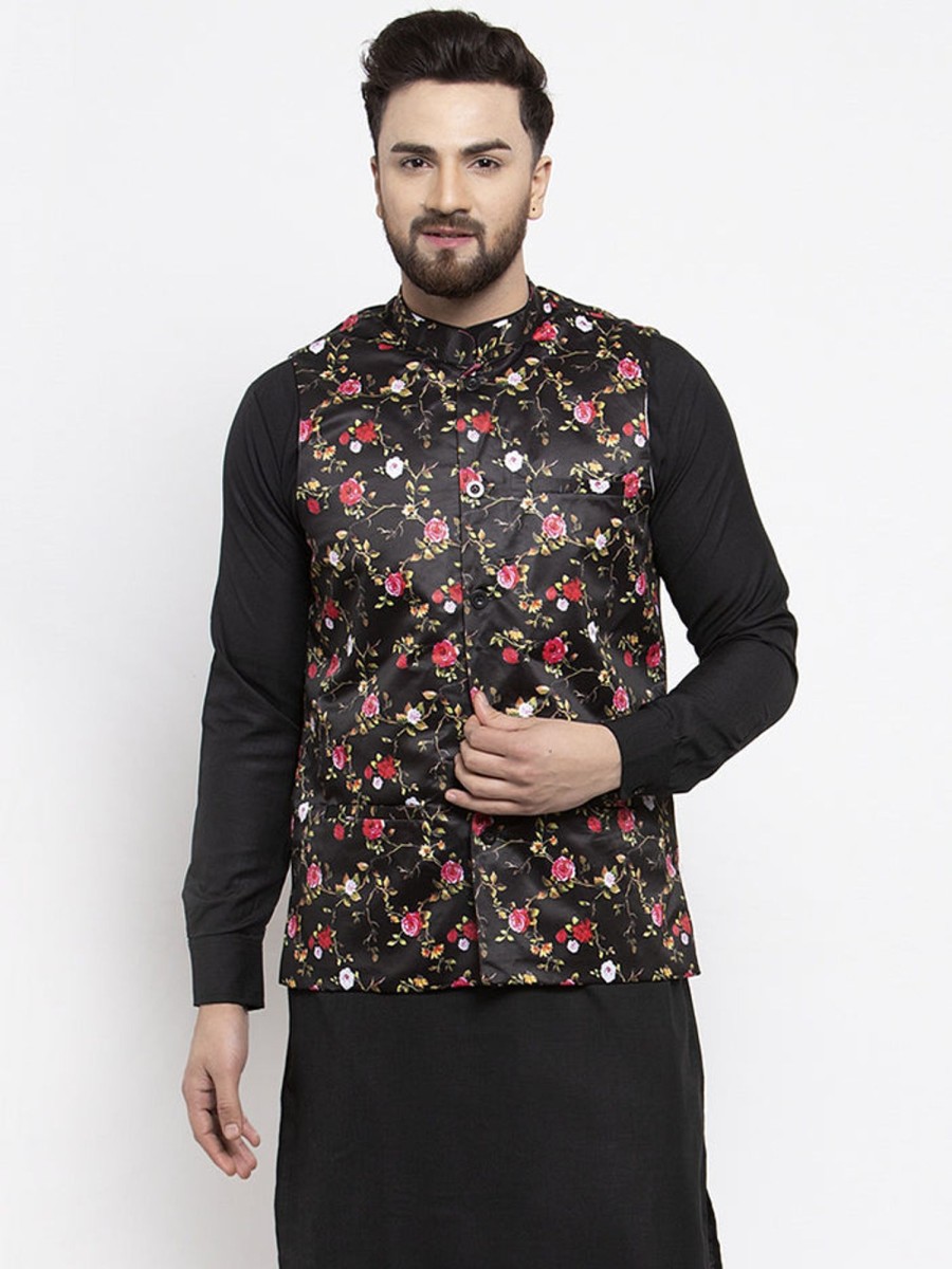 Men Virat Fashions | Men'S Black Printed Nehru Jacket ( Jowc 4007Black ) - Virat Fashions