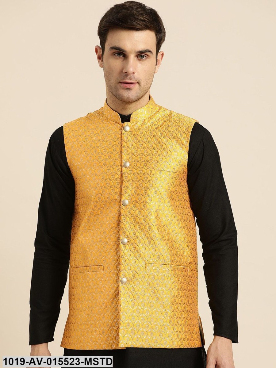 Men Sojanya | Men'S Silk Blend Mustard U0026 Gold Self Design Nehru Jacket - Sojanya