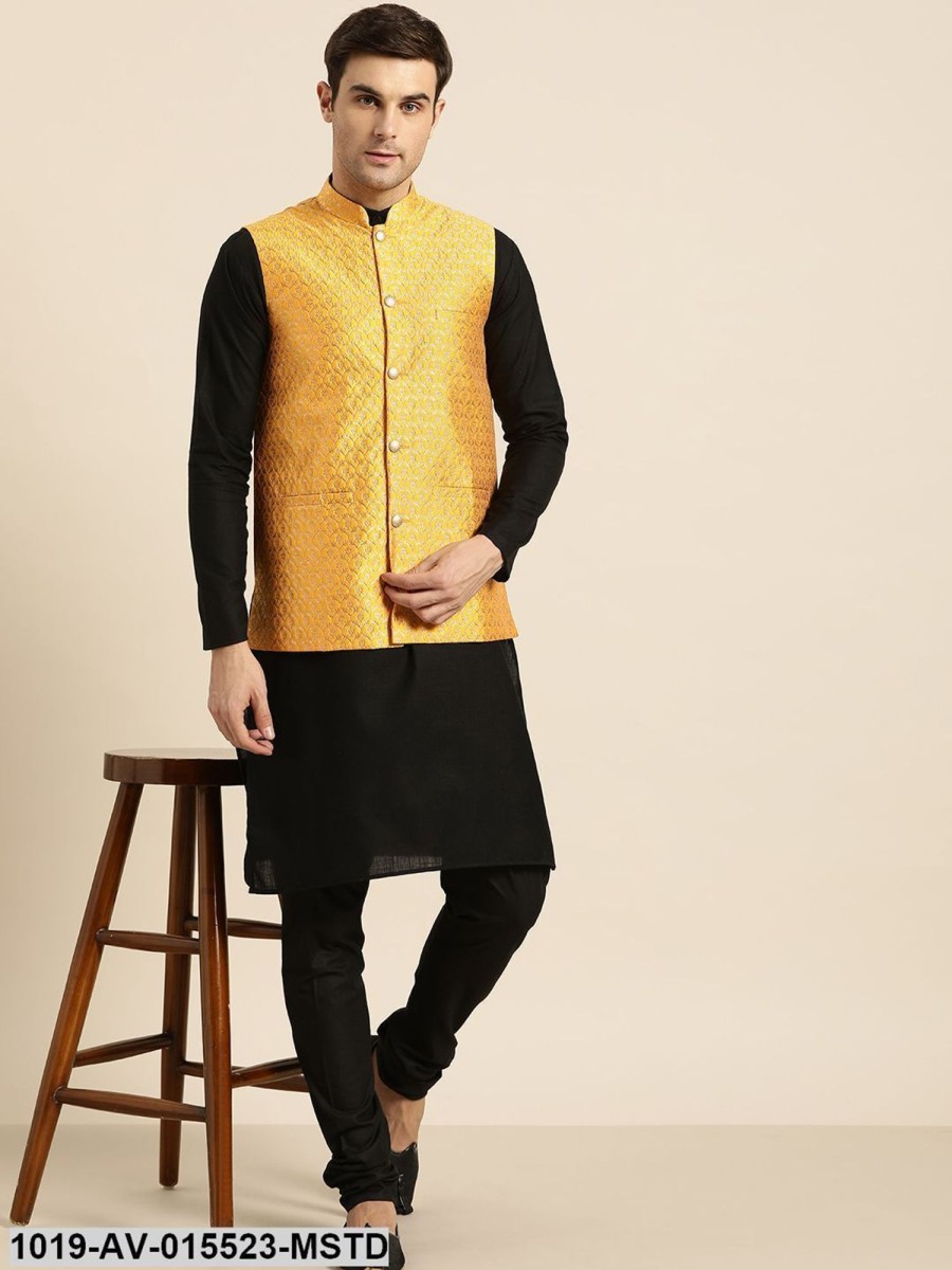 Men Sojanya | Men'S Silk Blend Mustard U0026 Gold Self Design Nehru Jacket - Sojanya