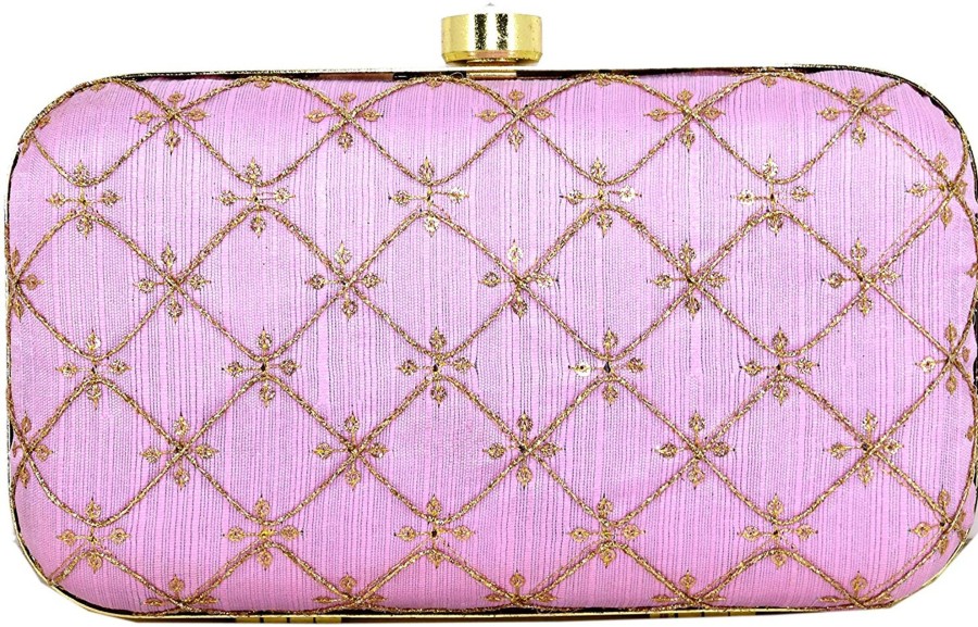 Others VASTANS | Women'S Pink Color Tulle Embroidered Faux Silk Clutch - Vastans