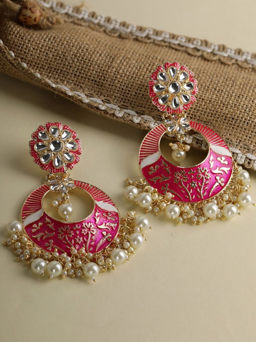 Jewellery Priyaasi | Women'S Kundan Studded Beaded Drop Earring - Priyaasi Pink