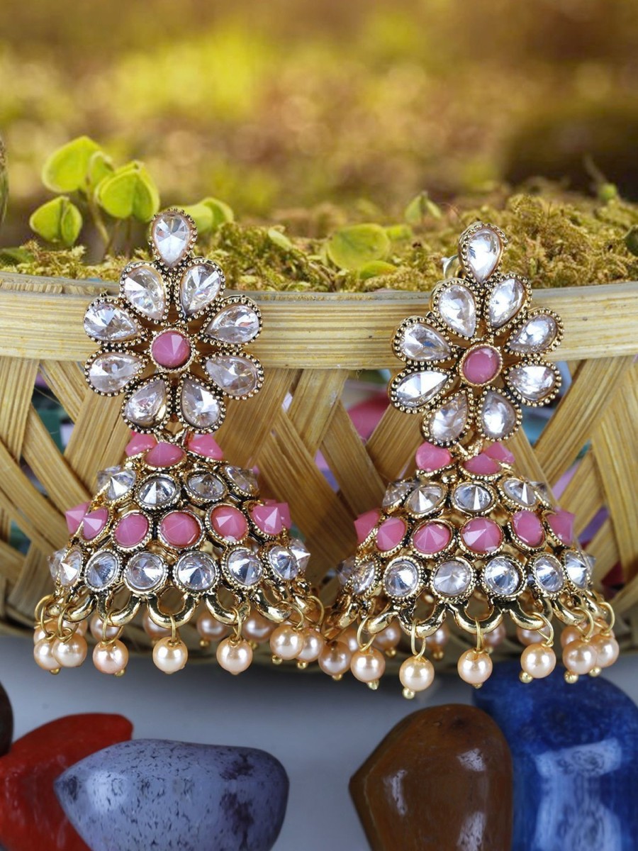 Jewellery Priyaasi | Women'S Pink Gold-Plated Stones Studded Floral Patterned Jhumka Earrings In Pink And White Color - Priyaasi