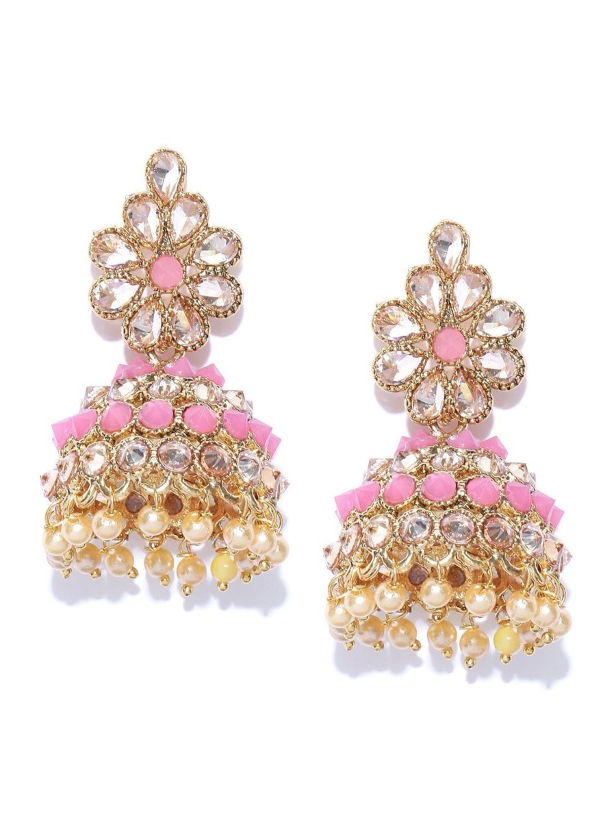 Jewellery Priyaasi | Women'S Pink Gold-Plated Stones Studded Floral Patterned Jhumka Earrings In Pink And White Color - Priyaasi