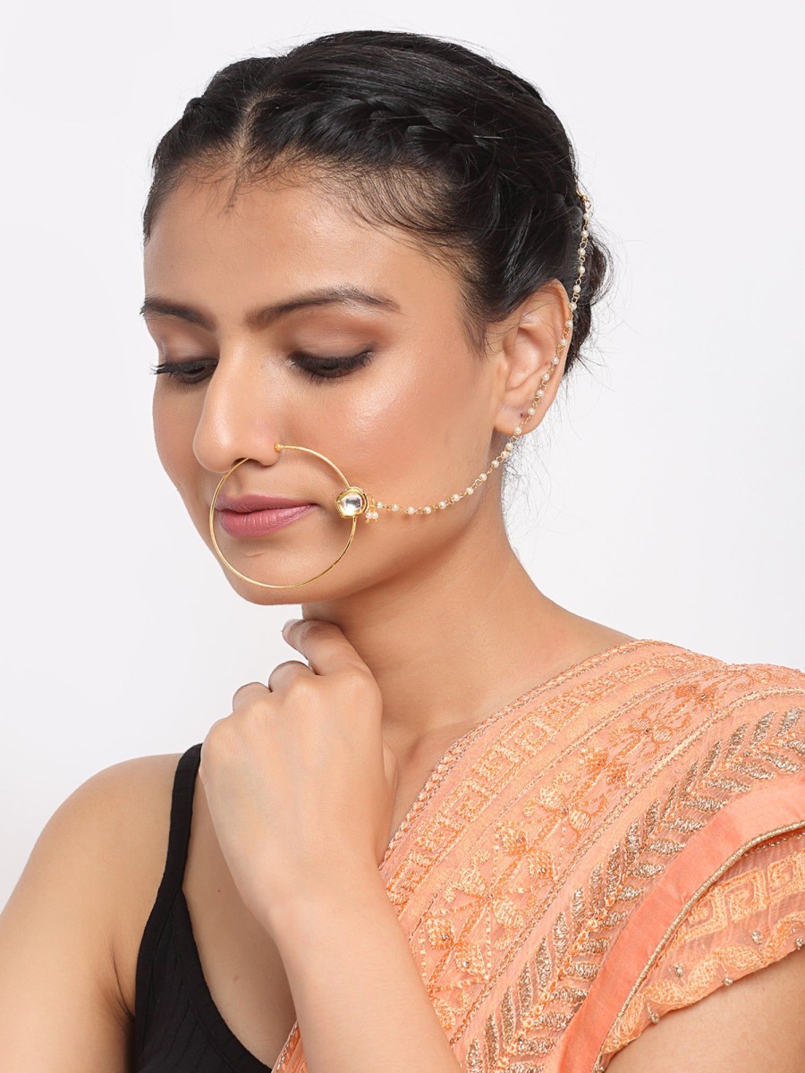 Jewellery Ruby Raang | Gold Plated Kundan Nose Ring By Ruby Raang