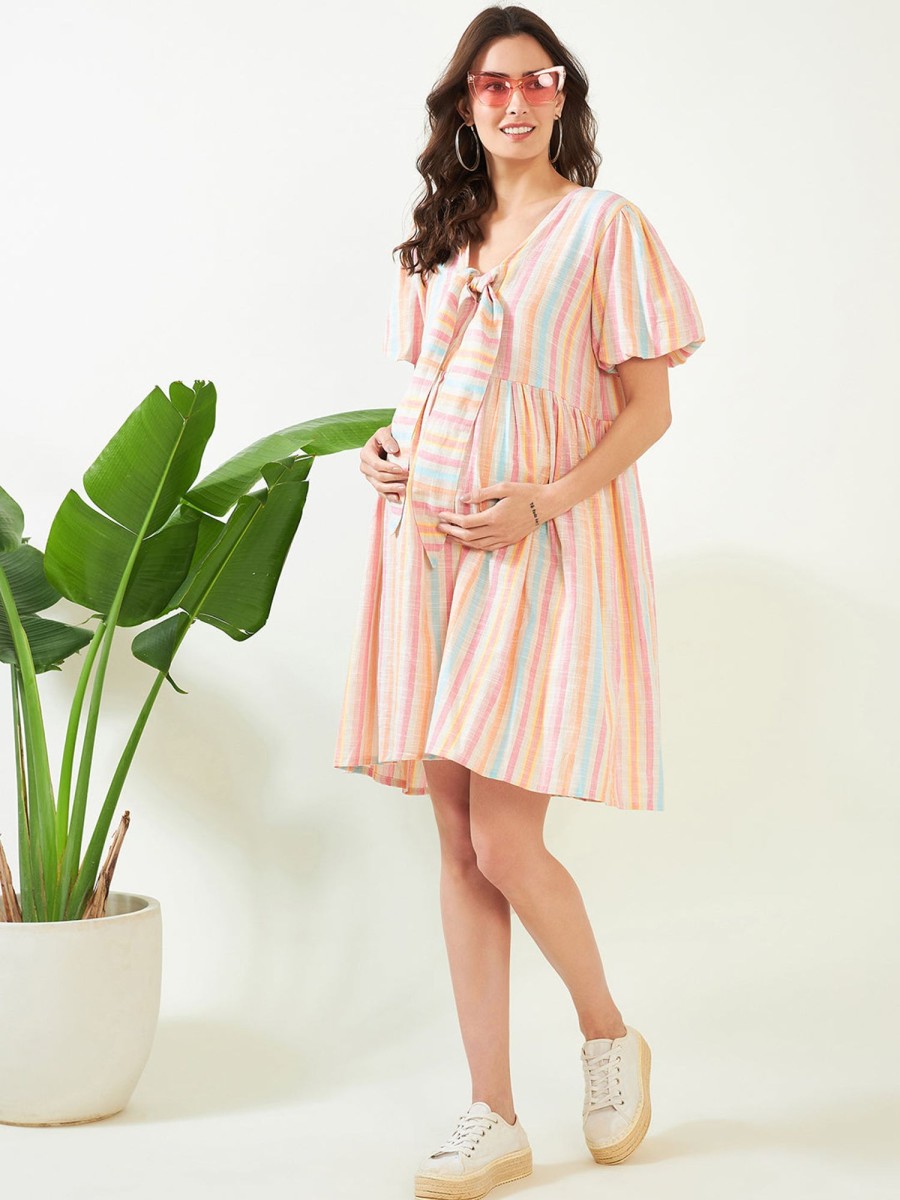 Women The Kaftan Company | Women'S White Striped Cotton Tie-Knot Maternity Dress - The Kaftan Company Multi Color