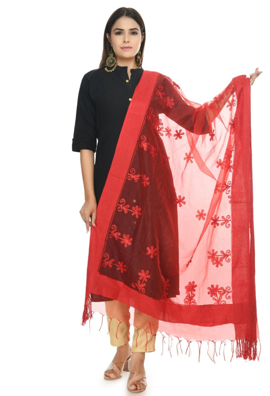 Women Moeza | Women'S Red Color Orgenza Chikan Work - Moeza