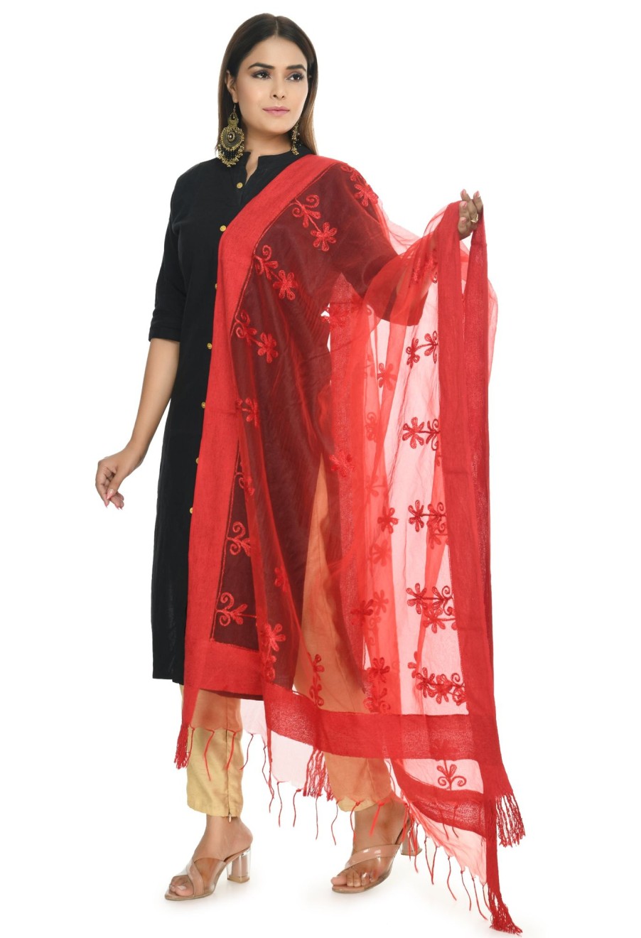 Women Moeza | Women'S Red Color Orgenza Chikan Work - Moeza