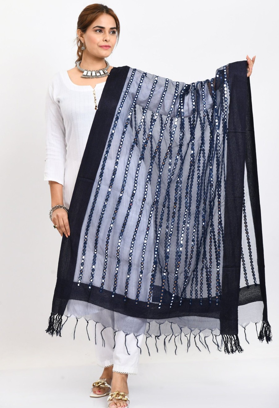 Women Moeza | Women'S Orgenza Mirror Stripe Thread Work Navy Dupatta - Moeza Blue