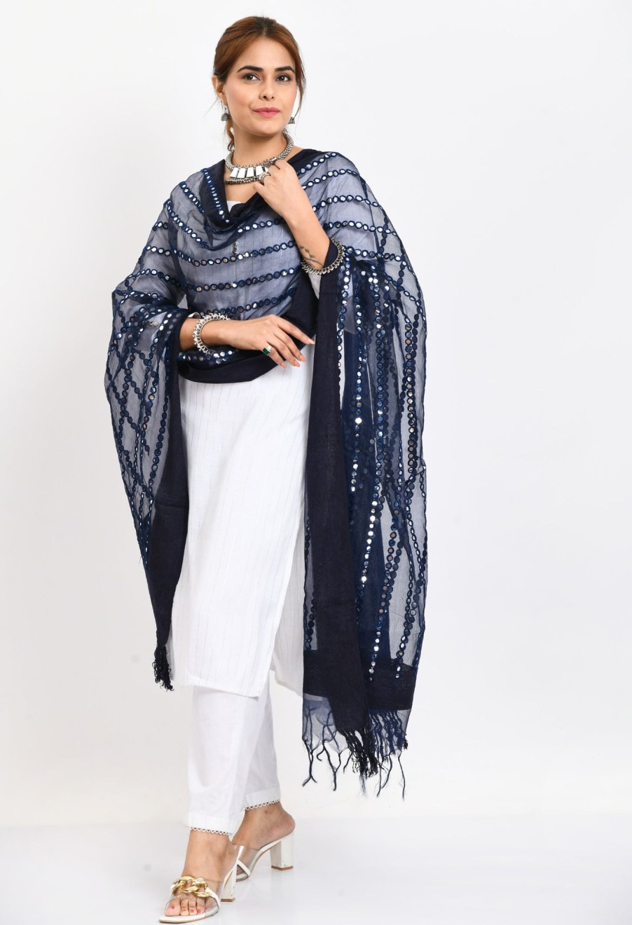 Women Moeza | Women'S Orgenza Mirror Stripe Thread Work Navy Dupatta - Moeza Blue