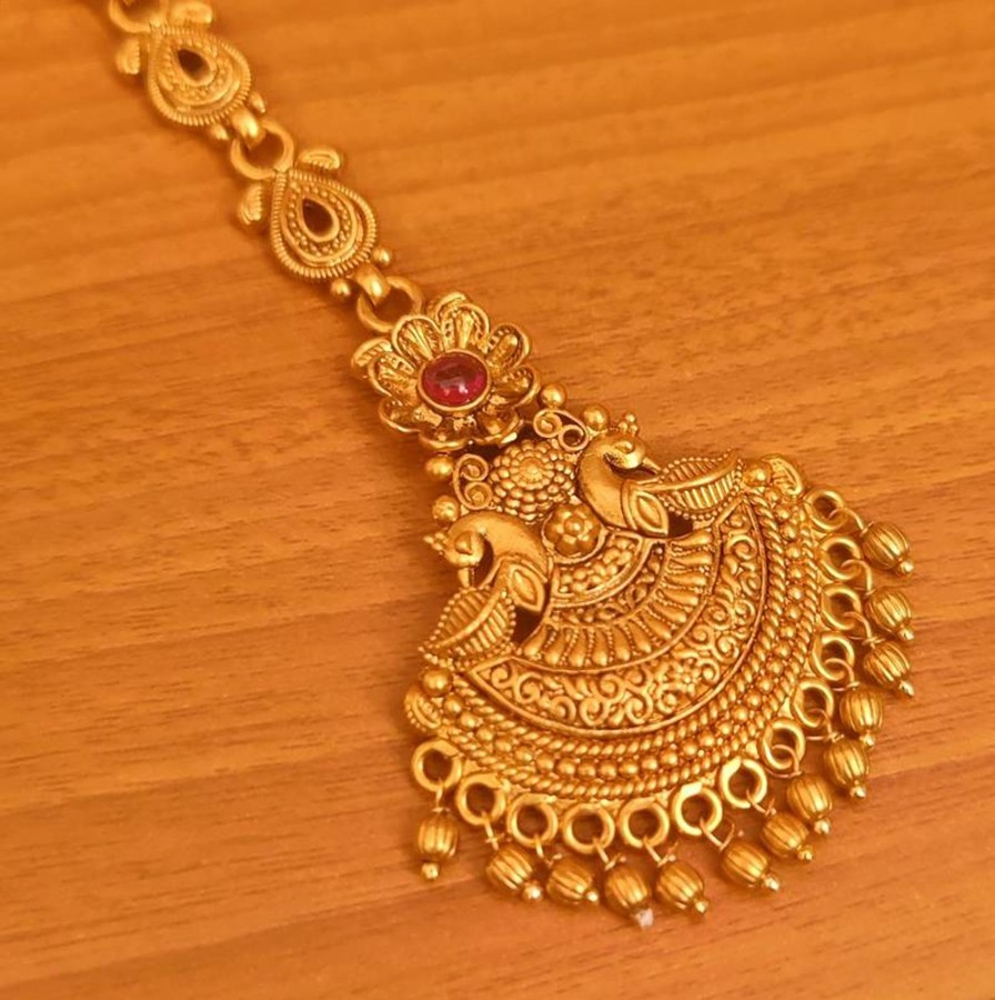 Jewellery Sanvi Jewels | Women'S Ruby Kempu Stone Peacock Gold Look Maang Tikka - Sanvi Jewels Red