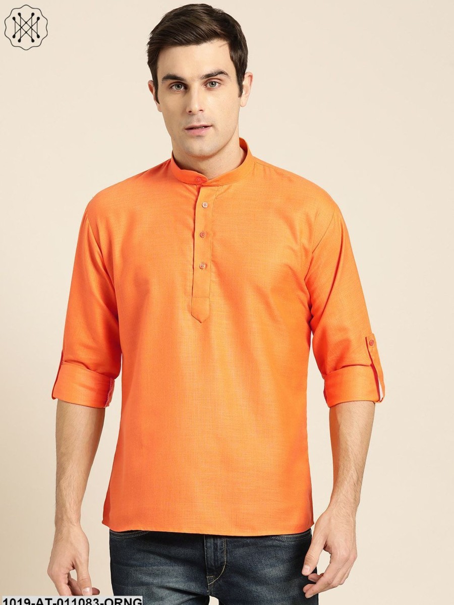 Men Sojanya | Men'S Cotton Orange Solid Short Kurta - Sojanya