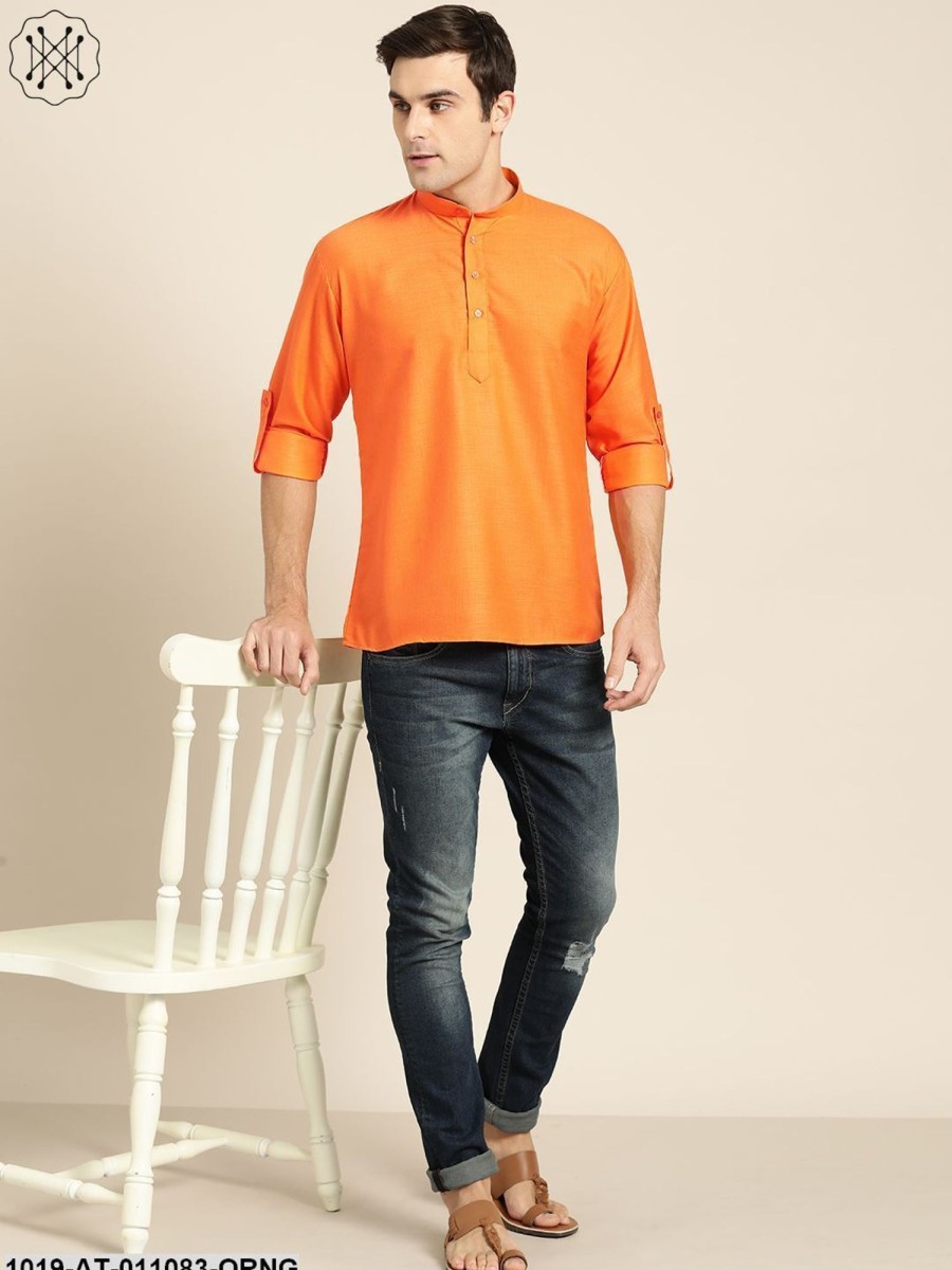 Men Sojanya | Men'S Cotton Orange Solid Short Kurta - Sojanya