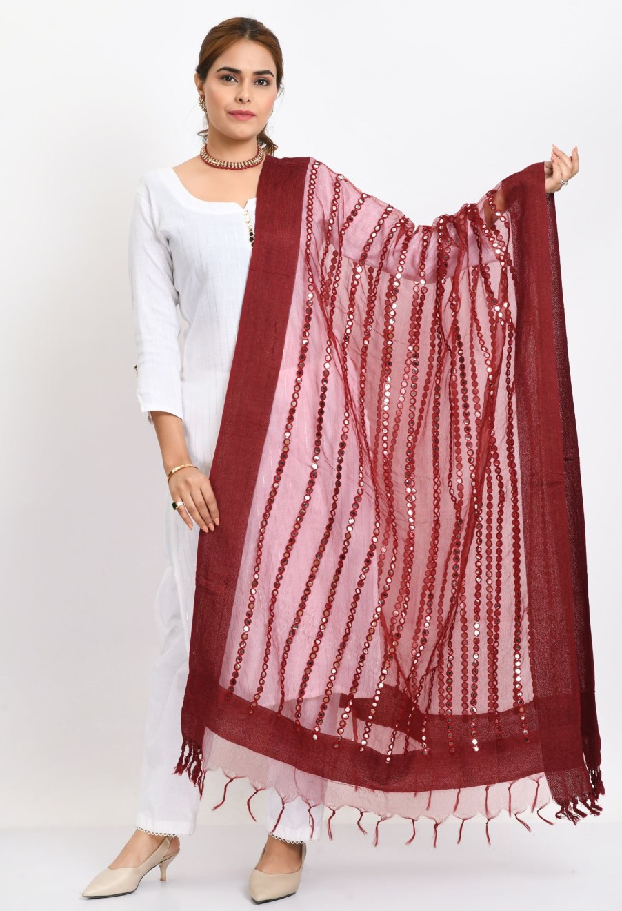 Women Moeza | Women'S Orgenza Mirror Stripe Thread Work Dupatta - Moeza Maroon