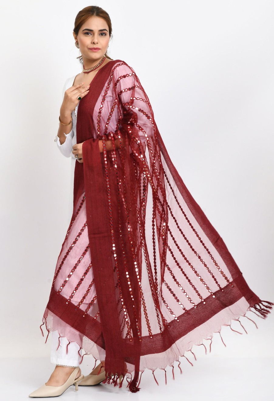 Women Moeza | Women'S Orgenza Mirror Stripe Thread Work Dupatta - Moeza Maroon