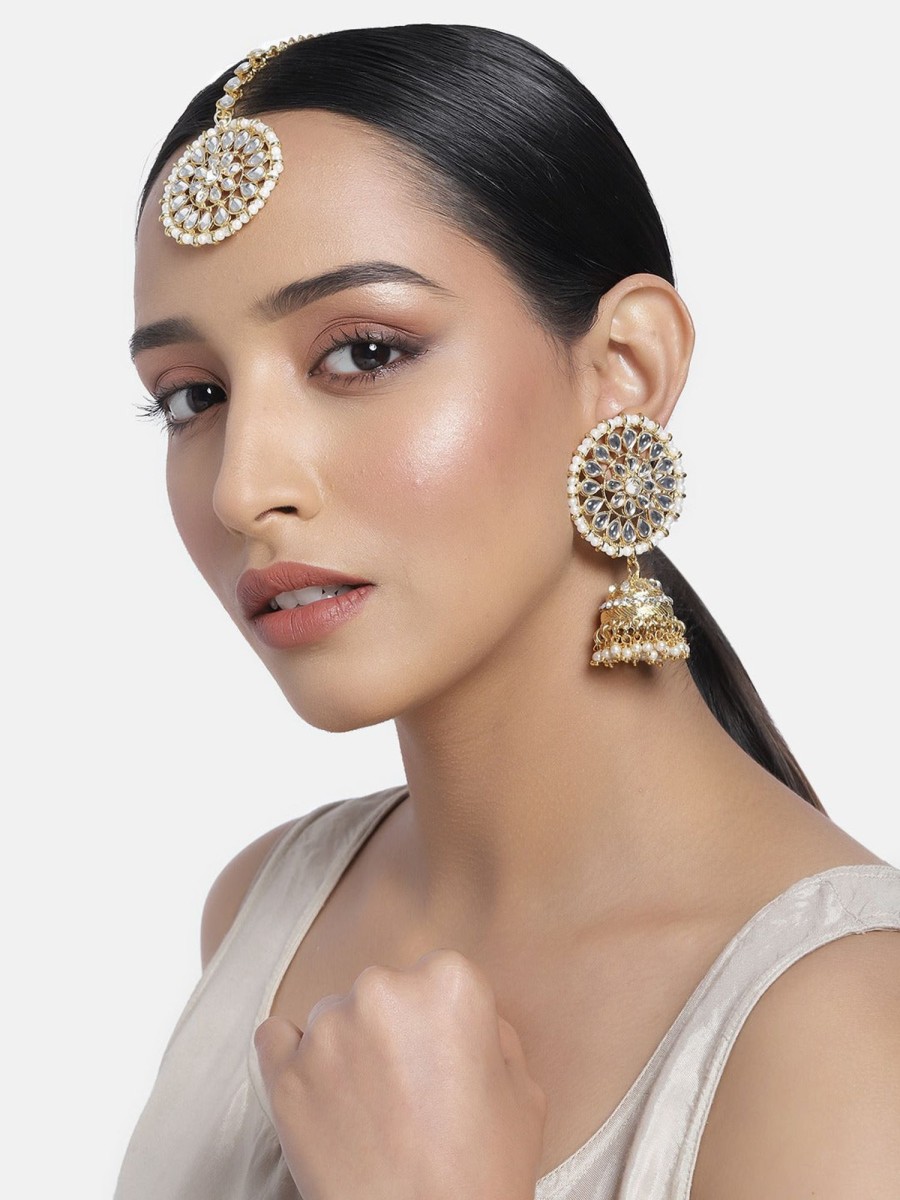 Jewellery I Jewels | Women'S Traditional Gold Plated Chandbali Kundan U0026 Pearl Earring Set With Maang Tikka - I Jewels