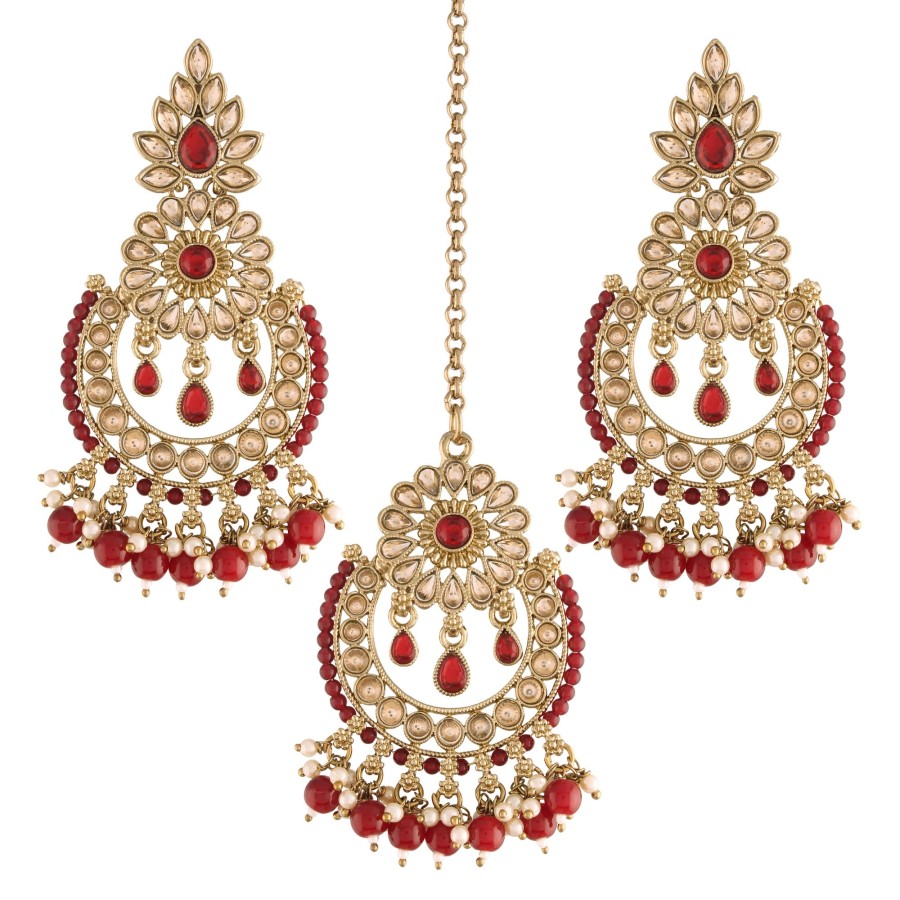 Jewellery I Jewels | Women'S 18K Gold Plated Handcrafted Earrings With Maang Tikka Encased With Faux Kundan U0026 Pearl - I Jewels